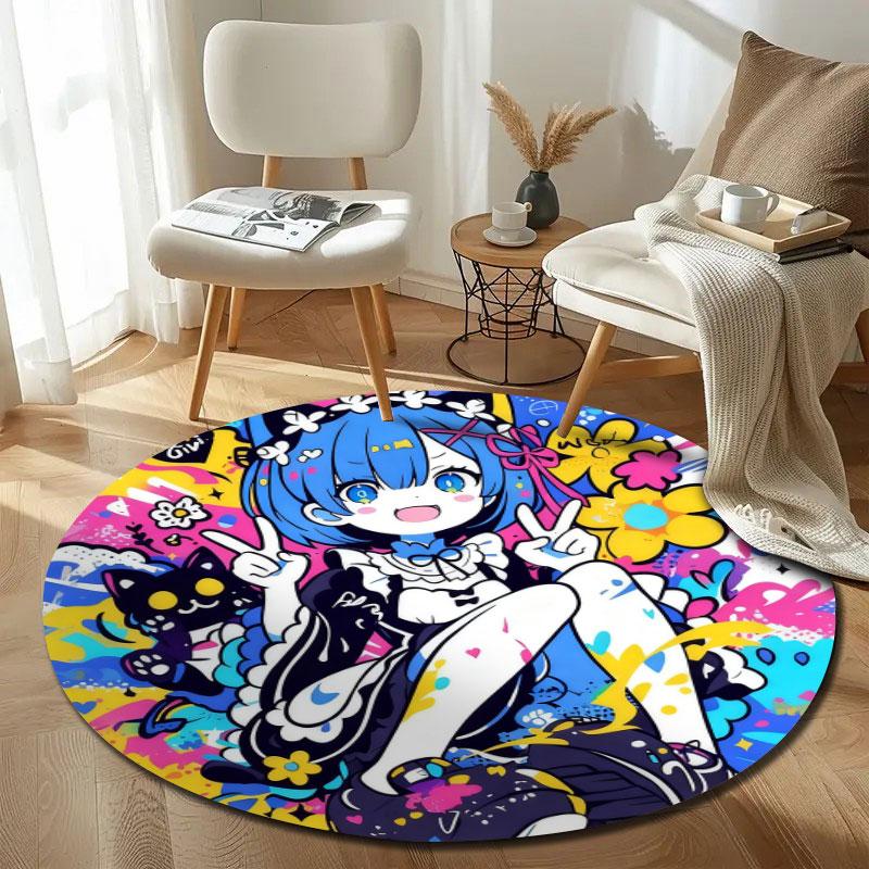 Elegant Round Anime Girl Blue Floor Rug, Non-Slip Floor Mat for Nursery