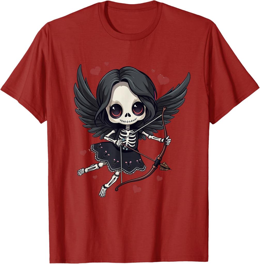 Gothic Skeleton Cupid Dark Valentine Kawaii Angel Graphic Tee Casual Cotton T-Shirt