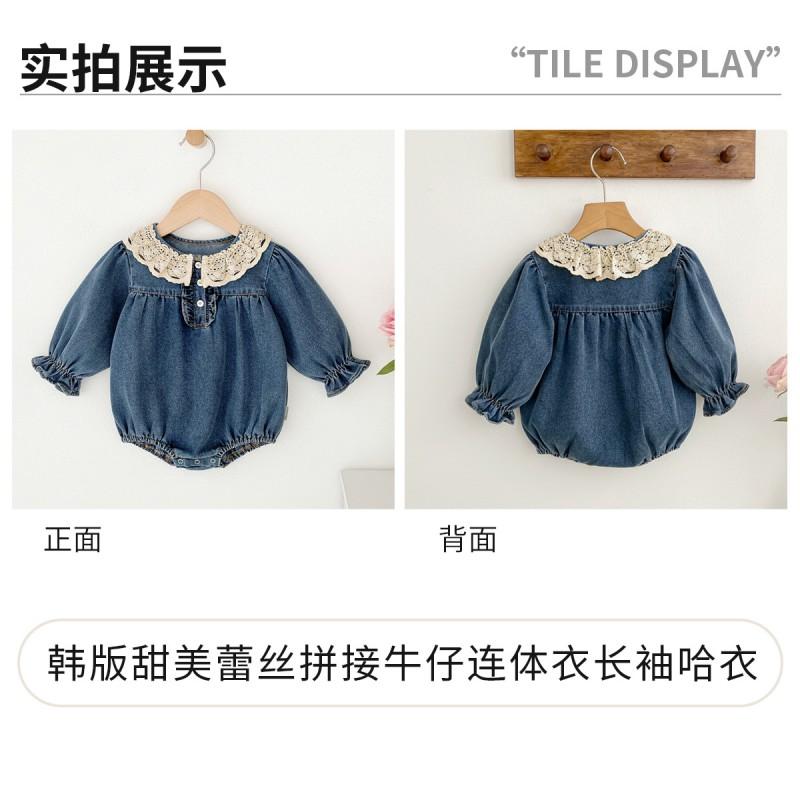 Baby Girl Romper Lace Trim Knit Denim Long Sleeve Bodysuit Toddler 6M-3T