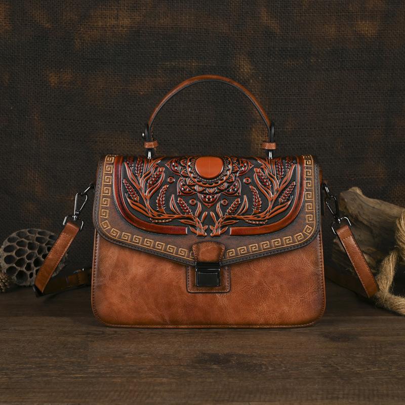 Johnature Borsa da donna in pelle goffrata fatta a mano, borsa vintage, borse a tracolla e a spalla versatili