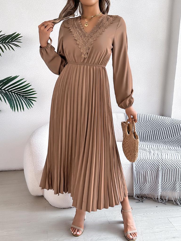 Dames Elegante Europese Stijl V-hals Kant Hoge Taille Lange Mouwen Geplooide Maxi Jurk