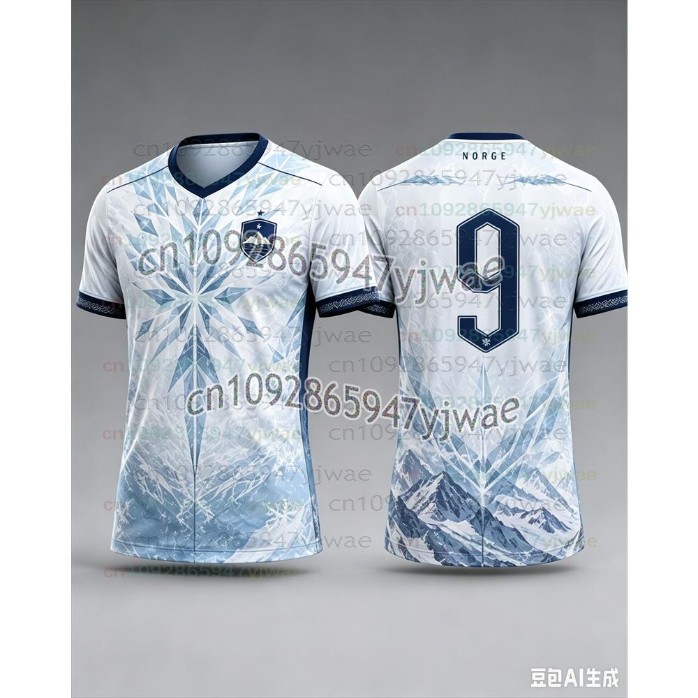 2026 Neues Herren/Kinder Norwegen V-Ausschnitt Fußballtrikot Vollständiges Nordisches Wikinger-Kriegsschiffmuster 3D Schnelltrocknend Atmungsaktiv #9 Fans Sporttrikot