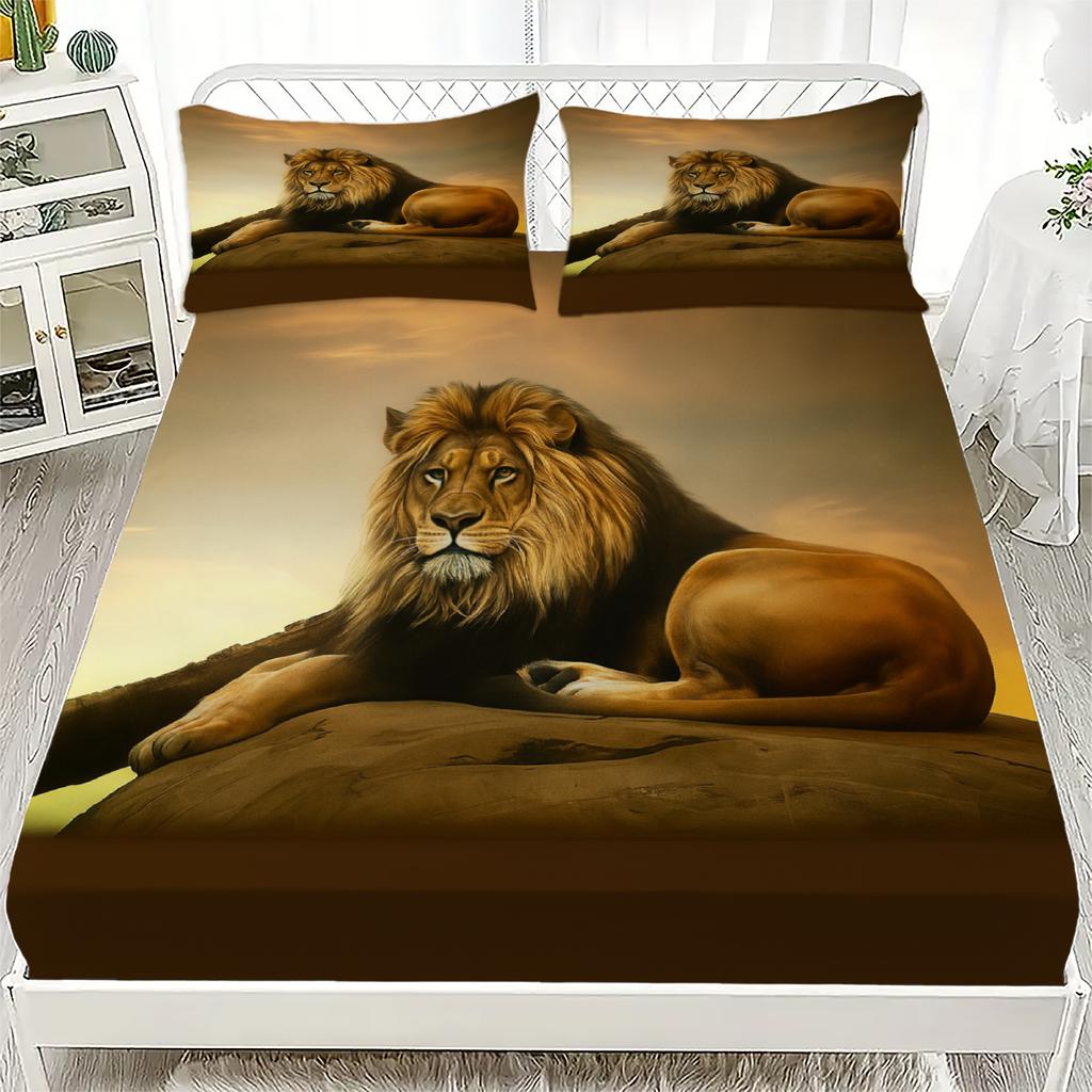 Wild Animal Lion 3D Print Fitted Sheet Set 100% Polyester Mattress Covers Breathable Bedding Set Bedroom Decor 2 Pillowcase