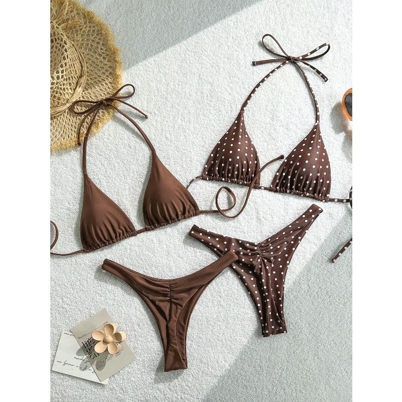 Retro Polka Dot and Solid Color Triangle Bikini Set
