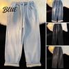 Solid Color Jeans Pants Loose Waist Adjustable Mid-rise Elastic Women Winter Drawstring Sport Fit