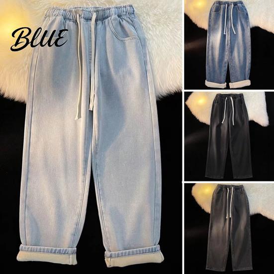 Solid Color Jeans Pants Loose Waist Adjustable Mid-rise Elastic Women Winter Drawstring Sport Fit