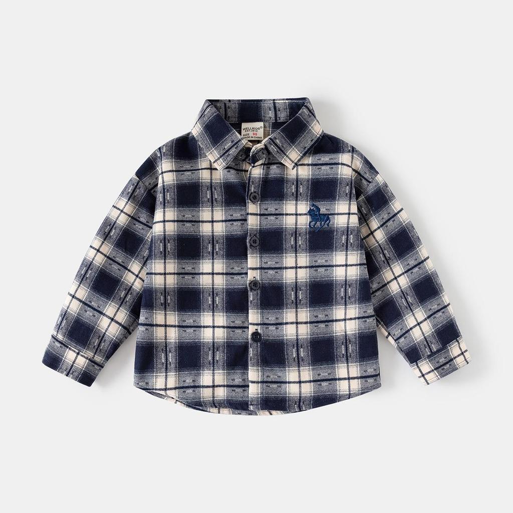 2026 Spring Kids' Blue Plaid Embroidered Long Sleeve Shirt for Boys