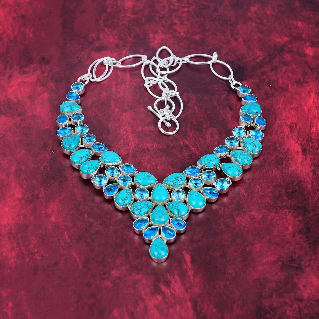 Santa Rosa Turquoise, Blue Topaz 925 Solid Sterling Silver Necklace, Handmade Gemstone  Necklace Jewelry, Gifts For Wife Brand New Necklace