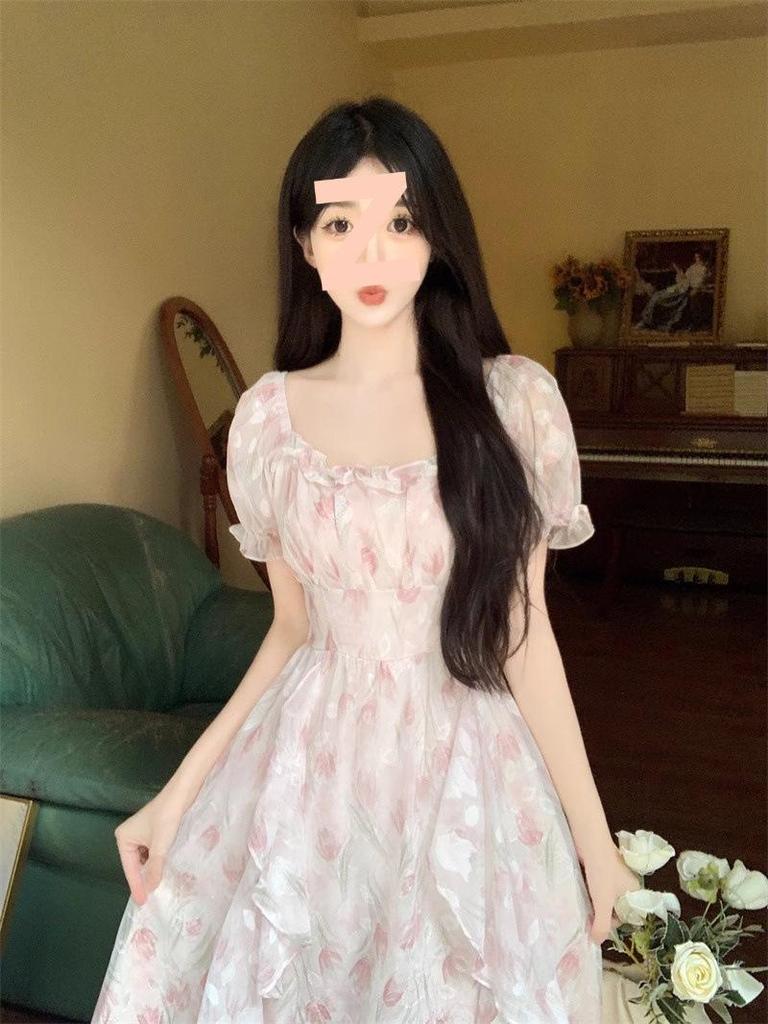 First Love Floral Chiffon Square Neck Elegant Summer Dress for Women, Plus Size, Waist-Cinched, Slimming, and Fairy Long.