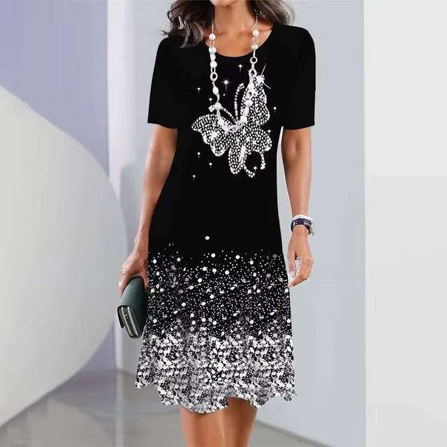 Elegantes Damen-Sommerkleid mit 3D-Geometrie-Streifenmuster, kurzärmelig