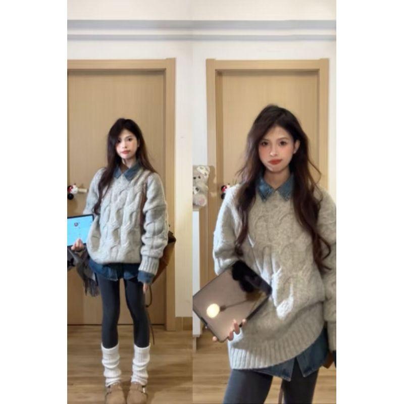 

Casual Cable-Knit Sweater Female Fall Winter Fashion Trendy Cute Loose and Lazy Style Pullover Knitting Thickened Outerwear Top Gray L