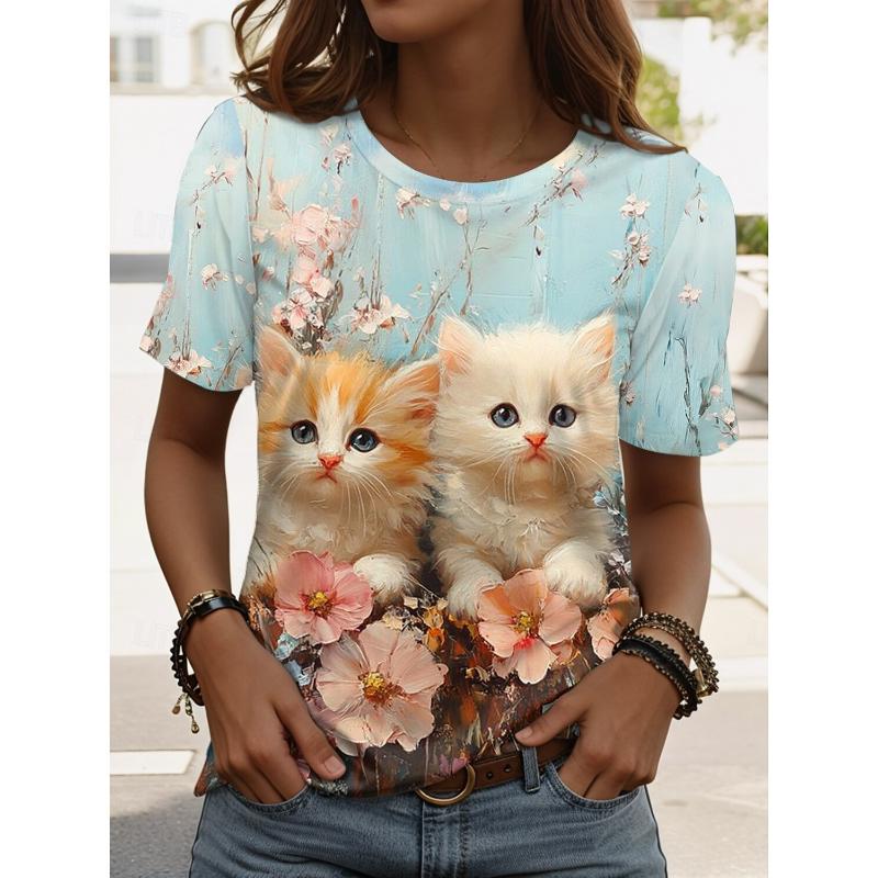 Women's T Shirt Cat Graphic Animal Stylish Classic Casual Short Sleeve Crew Neck