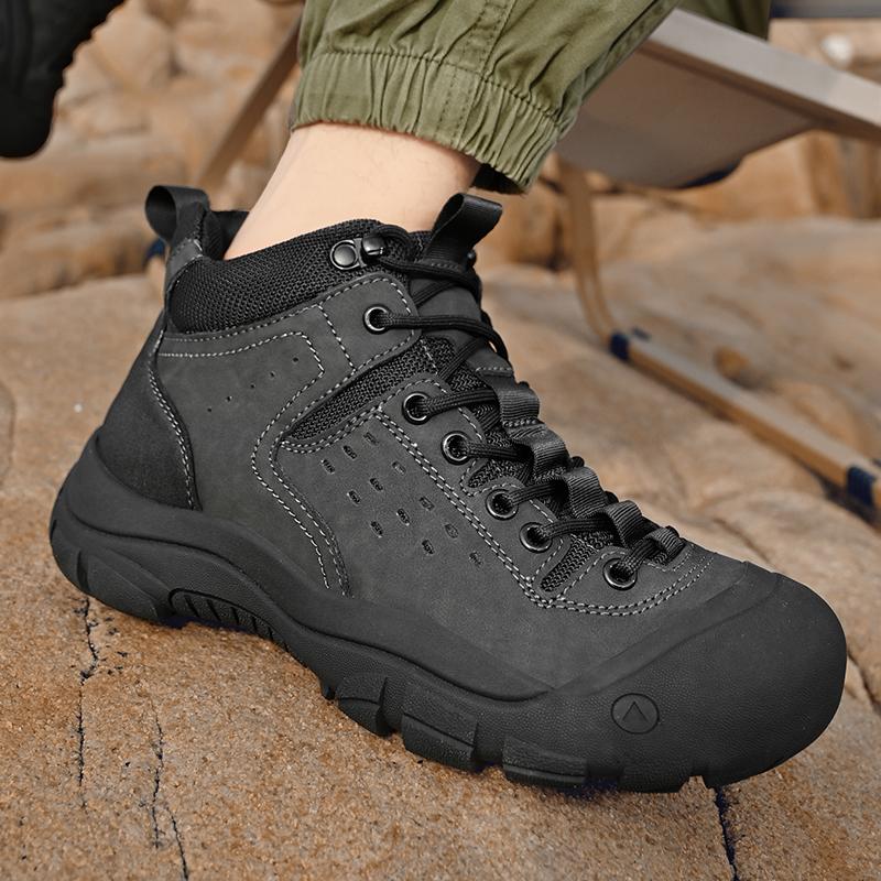 Fashion Genuine Leather Mens Hiking Shoes Anti Slip Mens Boots Outdoor Sneakers Comfortable Climbing Hunting Trekking Camping Shoes Blac
