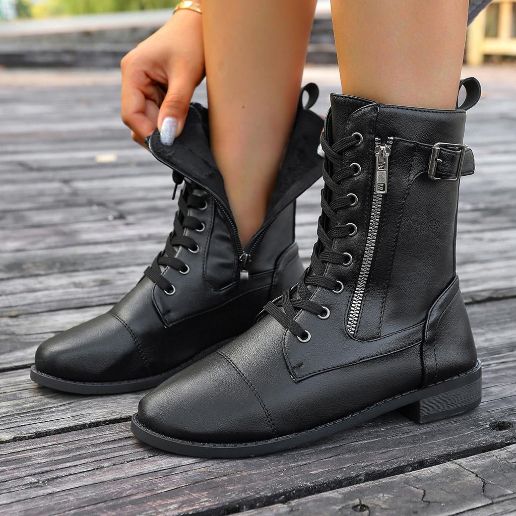 Large Size European Beautiful Women's Boots Autumn and Winter New Belt Buckle Low Heel Martin Boots Medium Boots Women