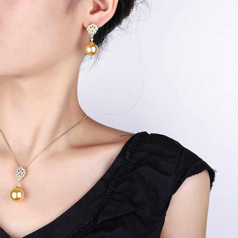 Jewelry Copper Bottom Gold-Plated Inlaid Gold Pearl Temperament Set Female 14Mm