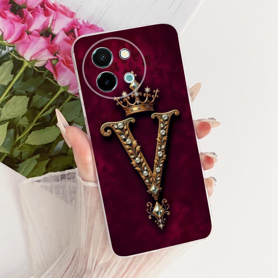Für Vivo Y38 5G Hülle Abdeckung Transparent Luxus Krone A-Z Buchstaben 2D Flaches Muster Weiche Handyhülle Für VivoY38 5G Bumper