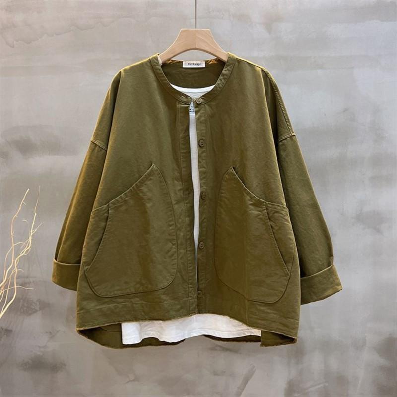 

Johnature осеннее женское однотонное свободное корейское повседневное пальто с длинными рукавами, хлопковое винтажное однобортное пальто с круглым вырезом