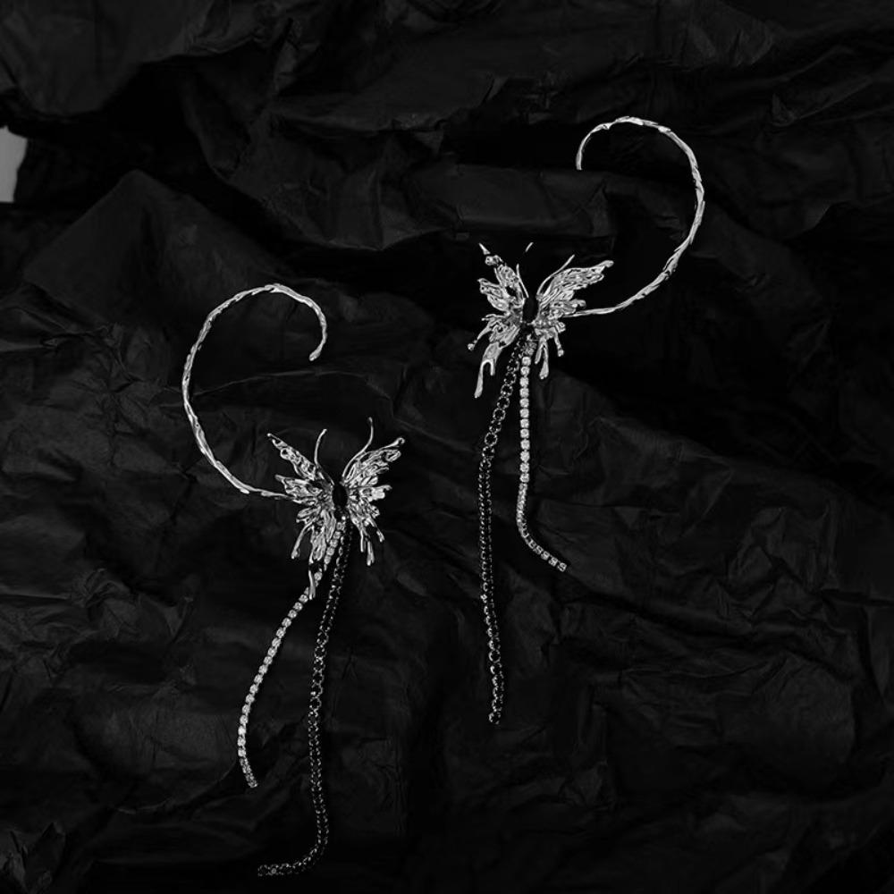 Retro Personality Liquid Metal Butterfly Long Tassels Stud Earring Integrated Ear Bone Clip Earring Ear Hanging Designer Jewelry