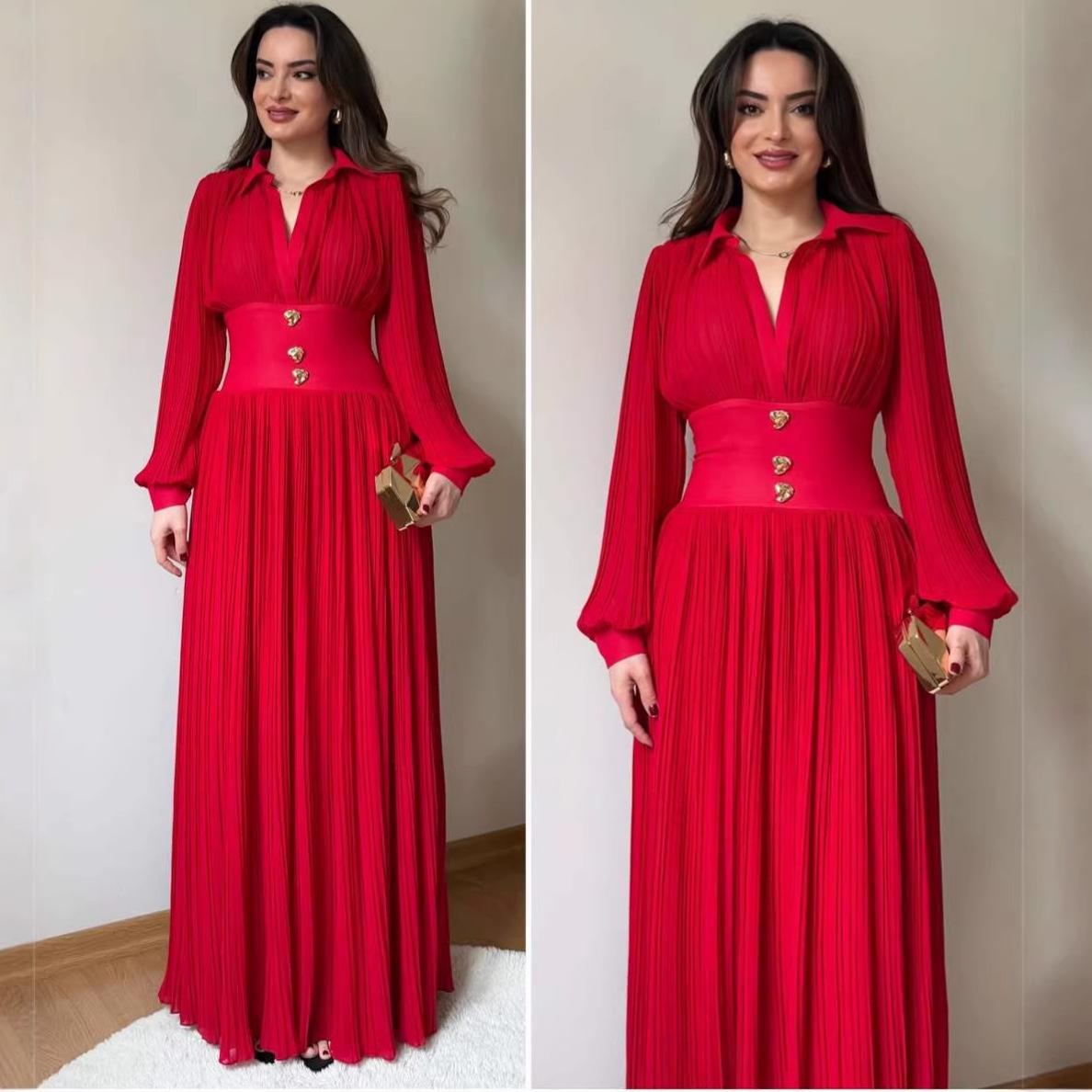 

Elegant Long-Sleeve Polo Collar Pleated Dress - Solid Color, New Style Fashion XXXL червоний