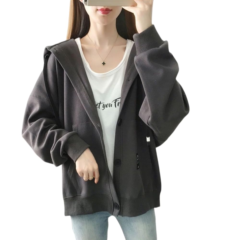 fyetemon Zip Loose Long Pocket Drawstring Solid Color Dark Women's Hoodie, Spring, Fit, Sleeve, Zippered, Top, Hood, (L, Gray)