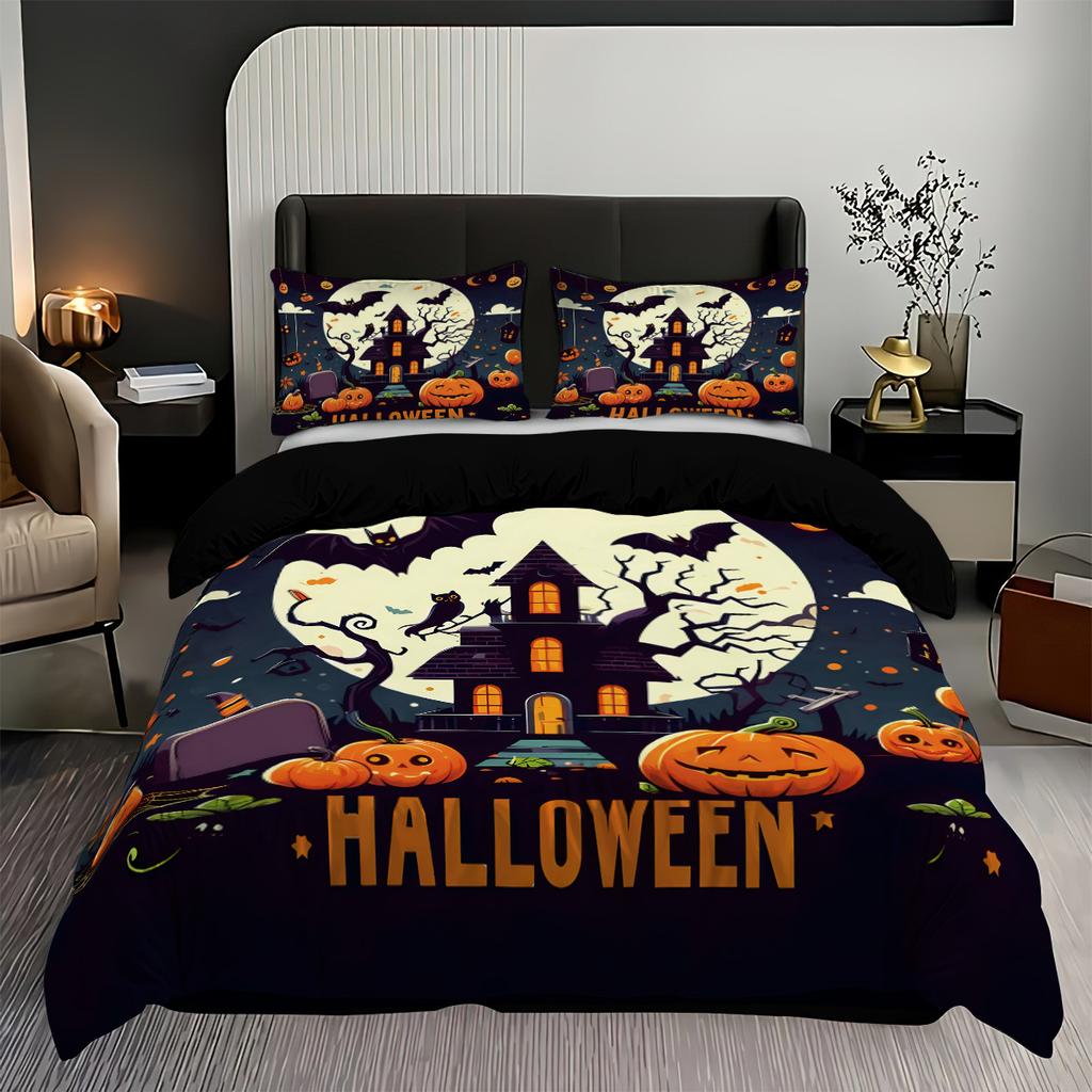 3-piece Halloween themed pumpkin ghost castle pattern 1 quill cover+2 pillowcases coreless soft and comfortable bedding set