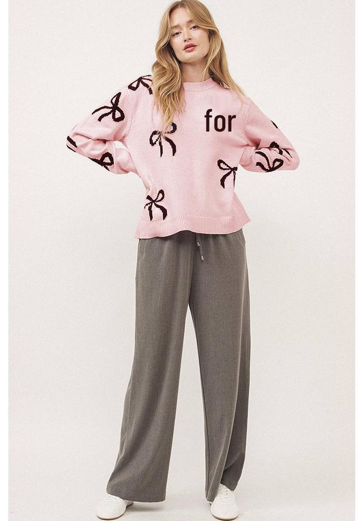 2025 Autumn New Women's Bow Print Loose Knit Sweater - Long Sleeve Sweet Style