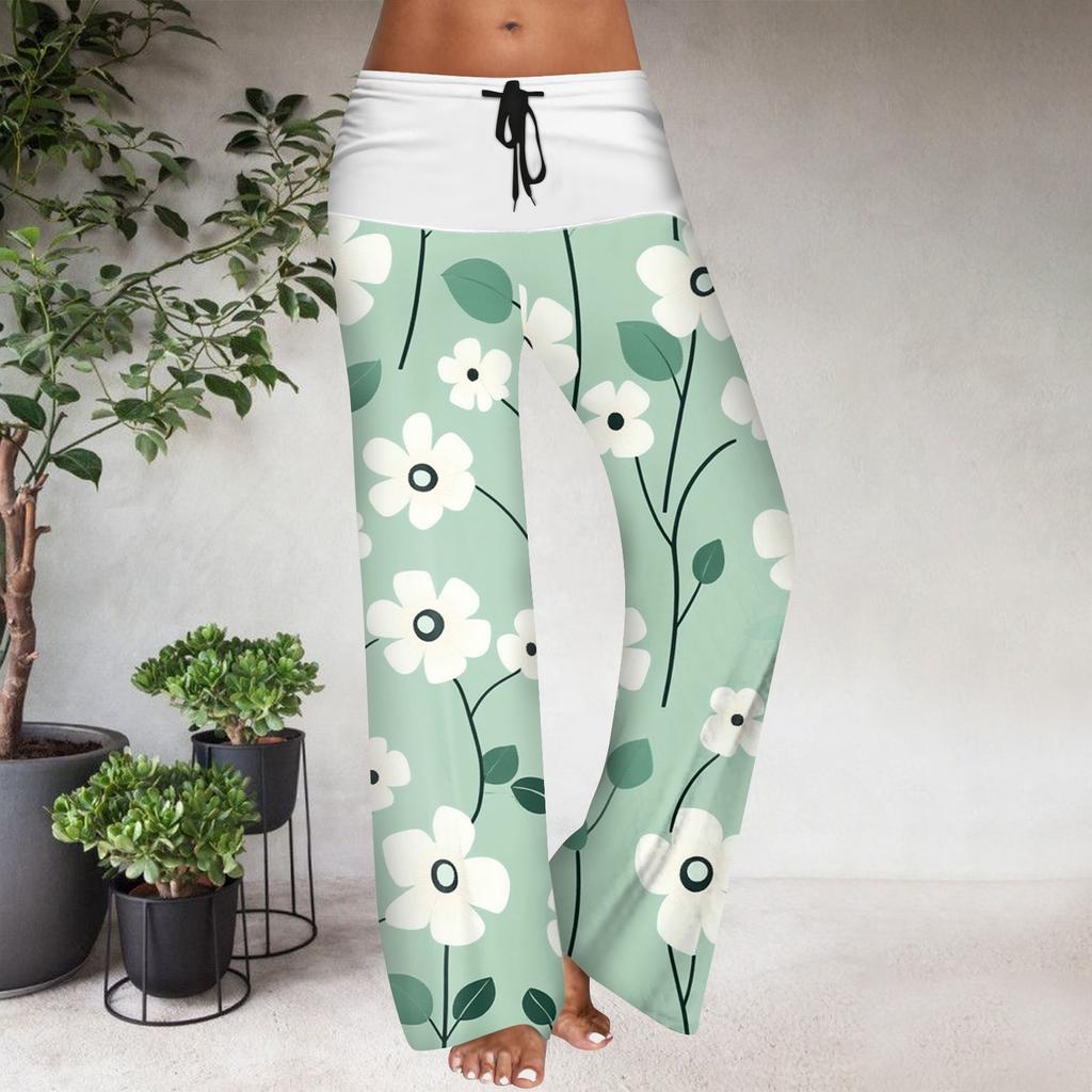 Pantaloni Casual Largi cu Talie Elastică cu Șnur pentru Femei, cu Imprimeu Floral și Blocuri de Culoare