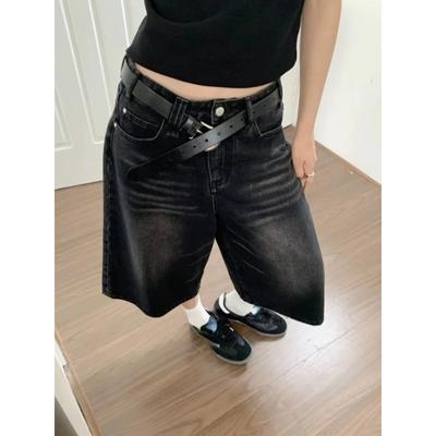 2024 Y2k Retro Mulheres Jorts Cintura Baixa Lavagem Preta Escovada Jeans Cropped Baggy Perna Larga Desfiado Calções Curtos de Denim Moda Acubi