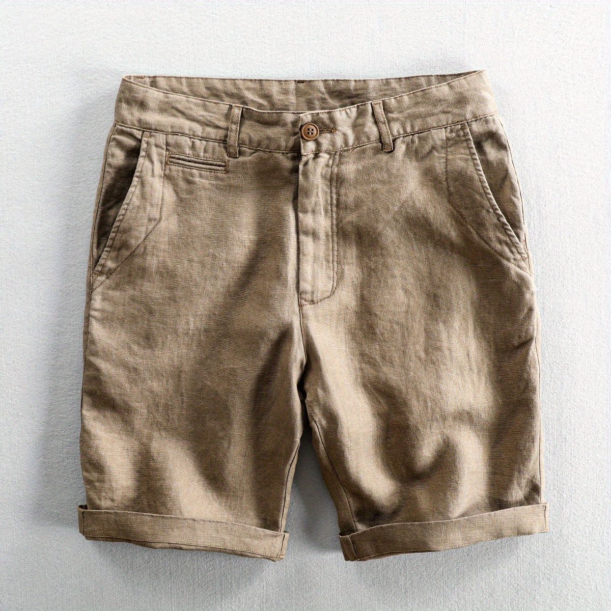 Mittelhohe Leinen Strandshorts Sommer Herren Einfach Business Casual Gerade Taschen Einfarbige Reißverschluss Arbeit Knielange Hose 33 kaffeebraun