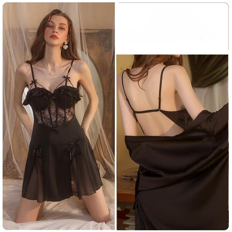 Women’s Sexy Cami Nightdress with Thong Spring Summer Lace Backless Underwire Sleepwear