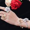 WWJ Super Luxury Zirconia Large Golden Color Geometric Flower Wedding Ring Bangle Sets
