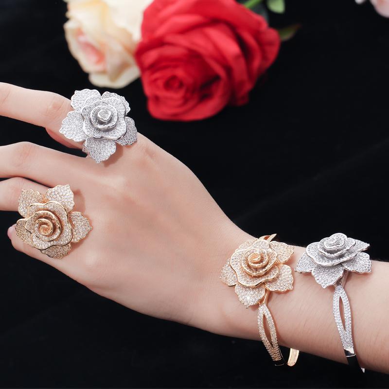 WWJ Super Luxury Zirconia Large Golden Color Geometric Flower Wedding Ring Bangle Sets