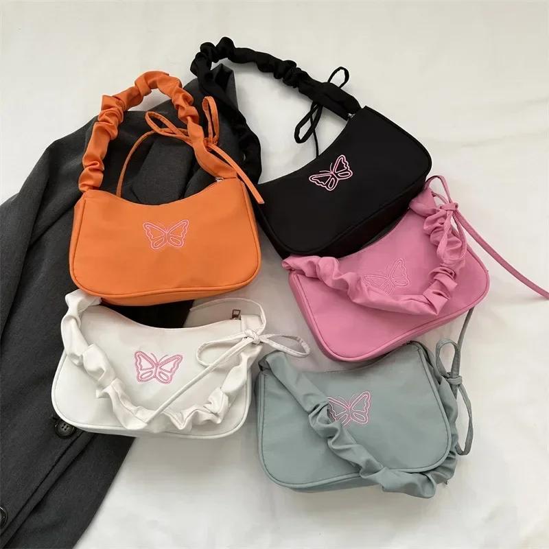 Embroidery Bowknot Butterfly Shoulder Bag Y2k-Style Ruffle Handle Nyl Bow Tote Bag Makeup Lipstick Bag Handbag New