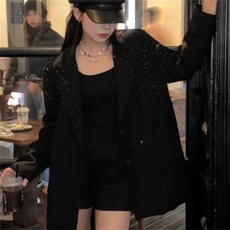 Φθινοπωρινό και Χειμερινό Γυναικείο Κοστούμι με Γιακά, Στρας, Λαμπερά Κουμπιά, Μακρυμάνικη Άνετη Εφαρμογή, Λεπτή Μπλούζα