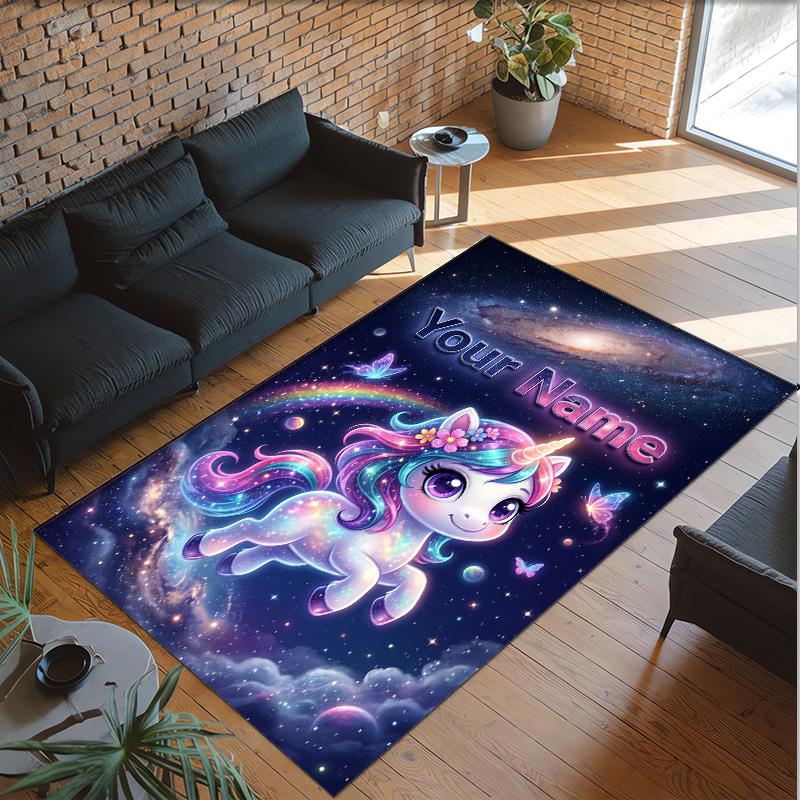 Alfombra de Suelo de Terciopelo de Cristal con Temática de Unicornio, Alfombra Cálida Personalizada con Nombre y Texto, Decoración del Hogar