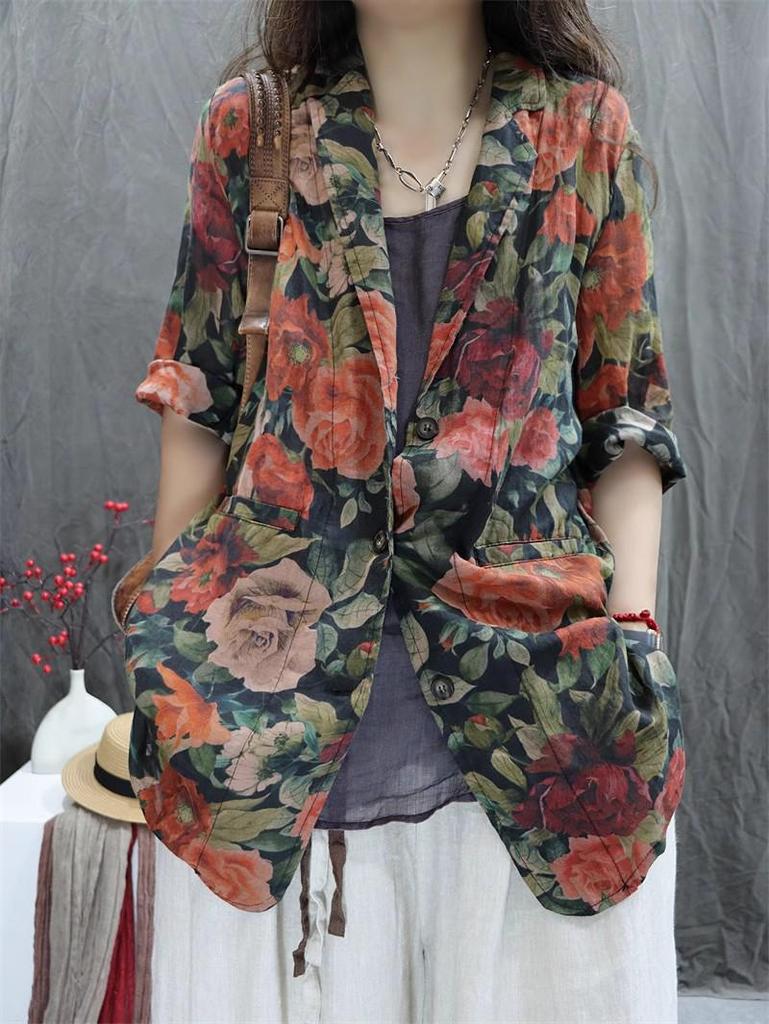 2026 New Style Women's Cotton-Linen Retro Printed Loose-Fit Casual Long Sleeve Suit