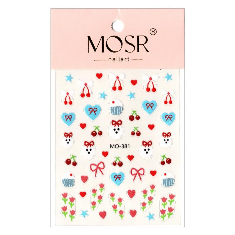 3D Cute Bow, Cherry, and Heart Embossed Nail Stickers - Self-Adhesive Decals
