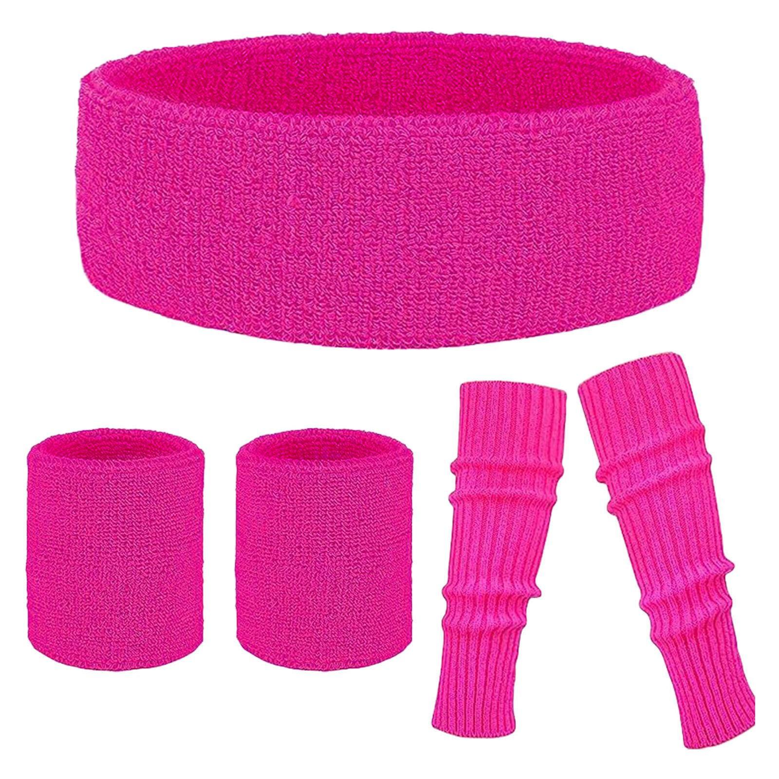 1980s Costume Accessory Set Leg Warmers Retro Sports Headband Wristbands 80s Party Outfit Kit Vintage Bold Fun Look темно-розовый
