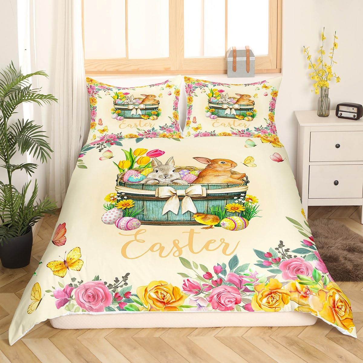 

Rabbit Duvet Covers for Children Boys Girls Kawaii Animal Comforter Covers with 2 Pillowcases 3 Pcs Bedding Sets Queen King Size (135x200cm)