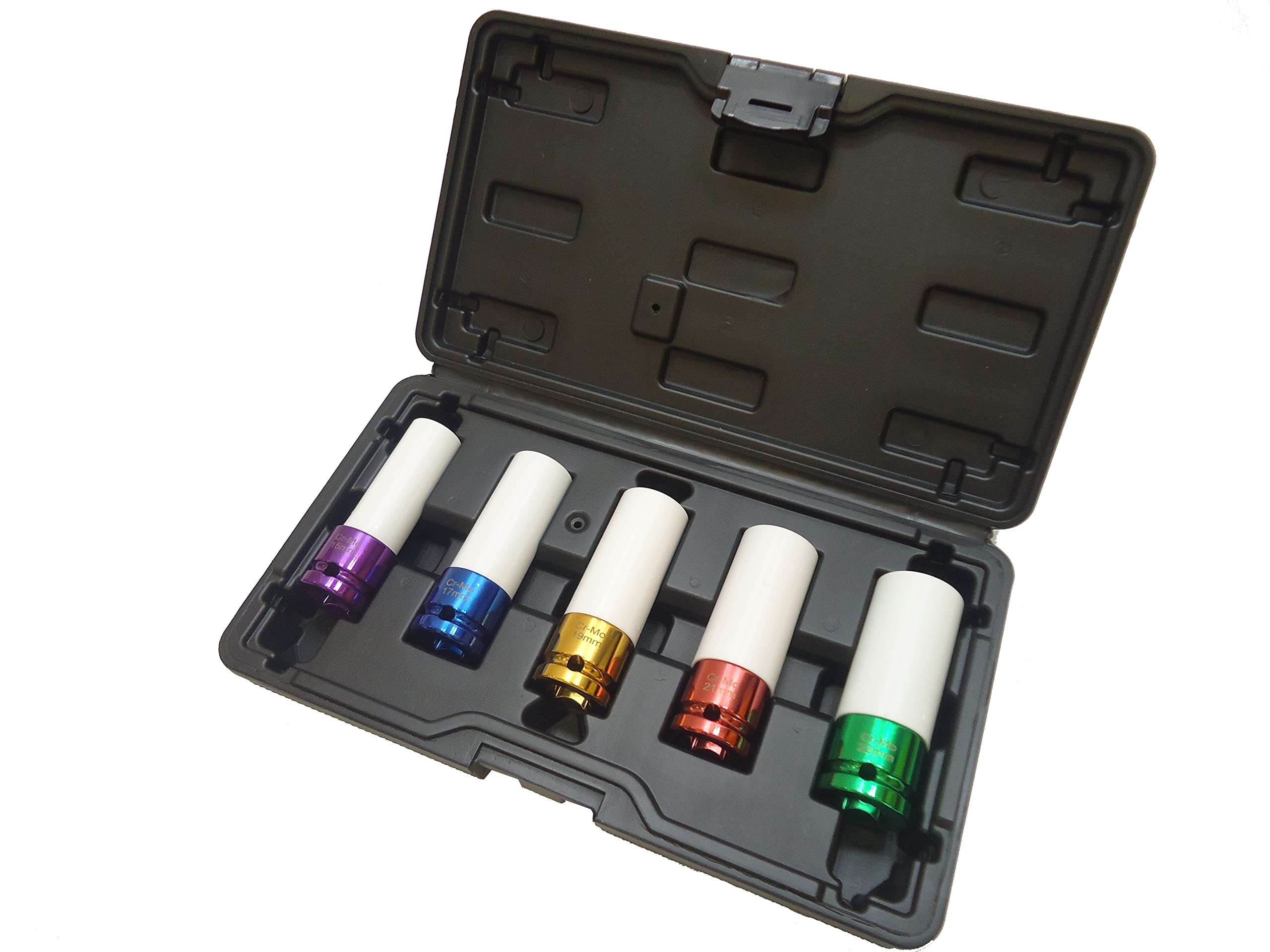 

Socket set for 1/2 aluminum wheels, impact wrench compatible, thin-walled wheel nut sockets, 15mm, 17mm, 19mm, 21mm, and 22mm, with protectors