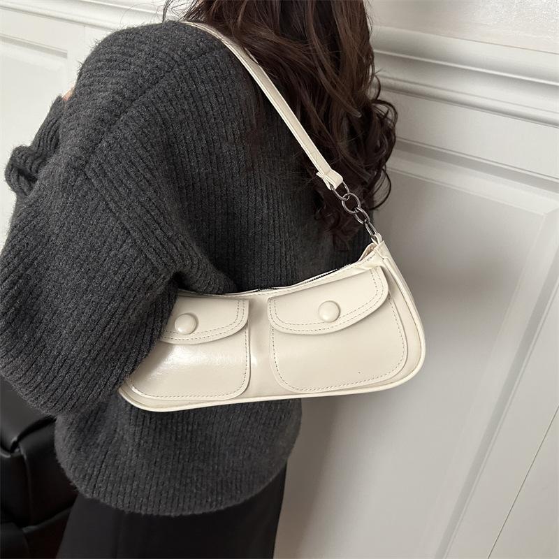 Vintage Solid Color Shoulder Crescent Bags for Women Versatile Ladies Double-pocket Underarm Bag Portable Female Pu Handbags