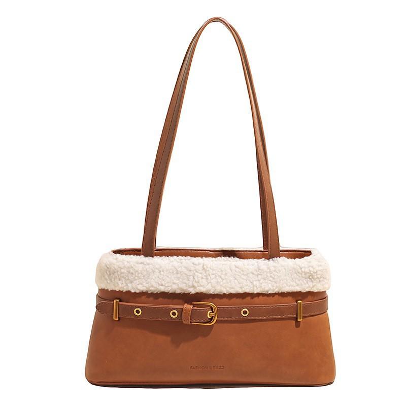 

Korean Trendy Plush Pu Splicing One-shoulder Commuter Bag All-matching Out-of-street Underarm Niche Bucket коричневый