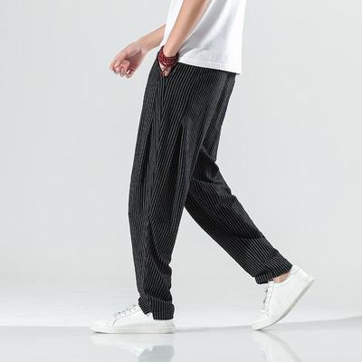 2023 Men's Striped Cotton-Linen Harem Pants - Chinese/Japanese Style, Loose Fit, Trendy, Large Size Bloomers.