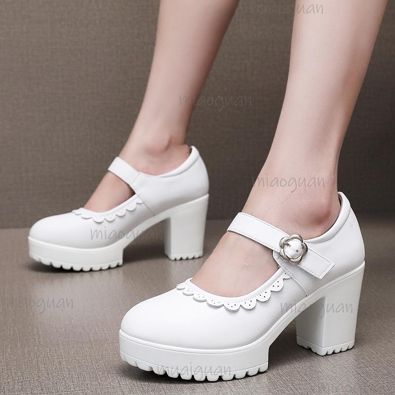 Black/White Platform Mary Jane Shoes Women's Ankle Strap Chunky Heel Pumps Anti-slip Fashion Lolita Style Dress Shoes Elegant