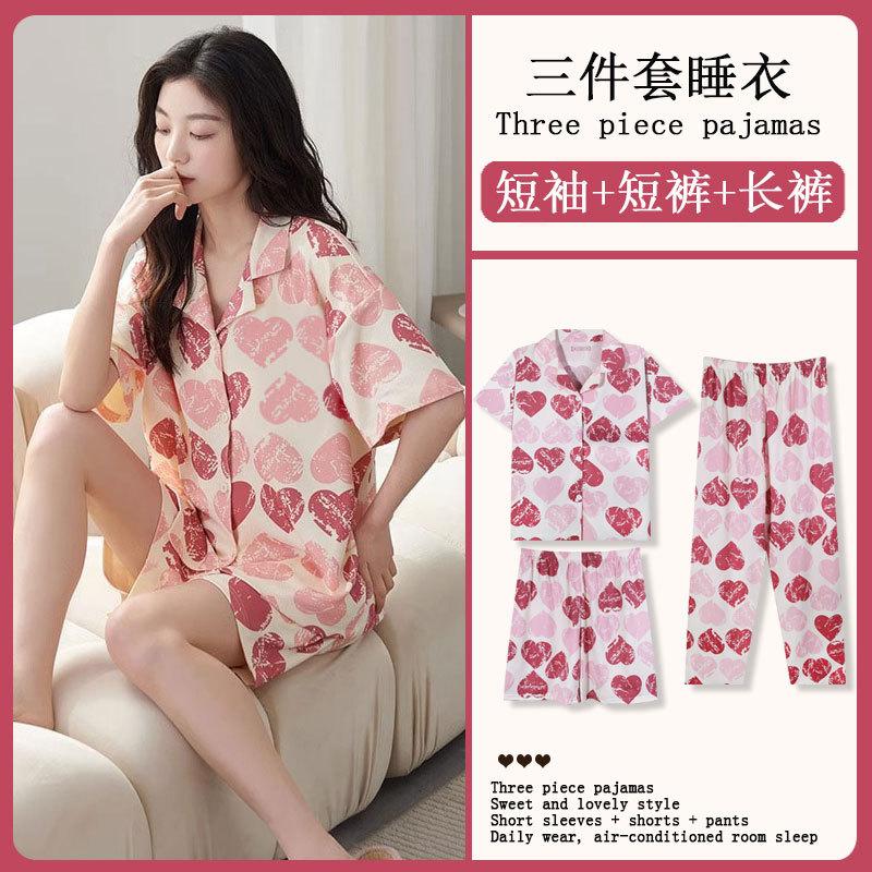 GMXIA Sommermode Pyjama Damen Kurzarm Dreiteiliges Set, Baumwollähnlich Cartoon Student Hauskleidung, Kann Draußen Getragen Werden