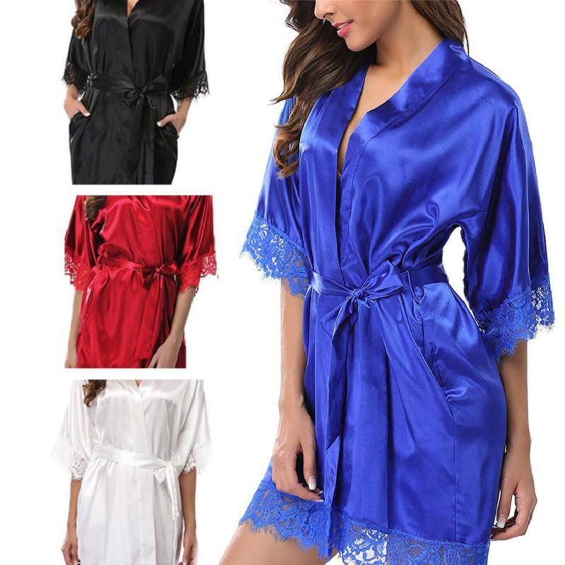 Silk Plain Womens Satin Robes Bridal Wedding Bridesmaid Bride Gown Robe Bath