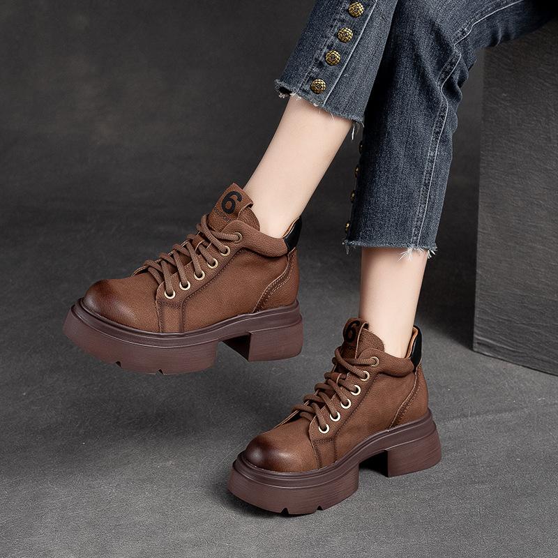 Fashion GKTINOO 2025 Autumn Winter New Retro Genuine Leather Lace-up Short Boots Round Toe Thick Sole Casual Versatile Women's Shoes