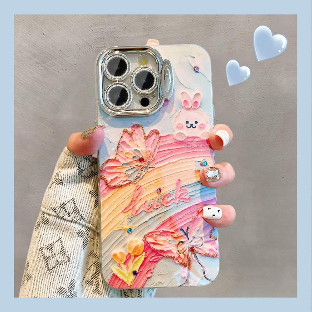 

Чехол для телефона iPhone 11 12 13 14 Pro Max 14 15 Plus 12pro модный узор с бабочками и радужными кроликами невидимый кронштейн объектива защитная пленка задняя крышка for iphone 14 Plus розовый