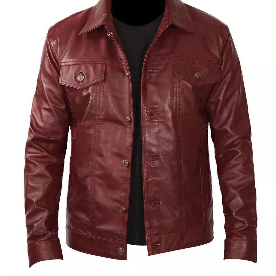 Biker Casual Party Wear Maroon Stylish Men Real Lambskin Warm Soft Leather Shirt Handmade