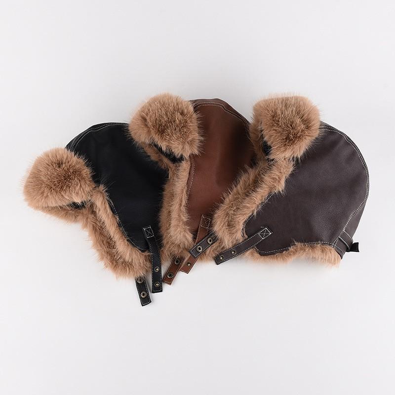 Winter Warm Faux Leather Aviator Hat With Ear Protection Unisex Thick Fur Lined Cap Cold Weather Riding